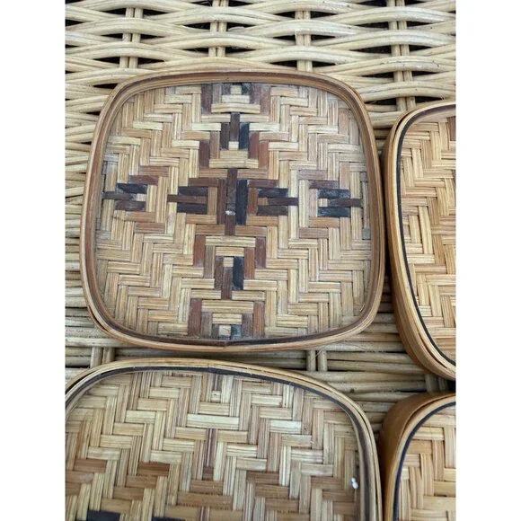 Vintage 70s Wicker Rattan Set of 5 coasters Barware Retro Boho - Picture 3 of 12